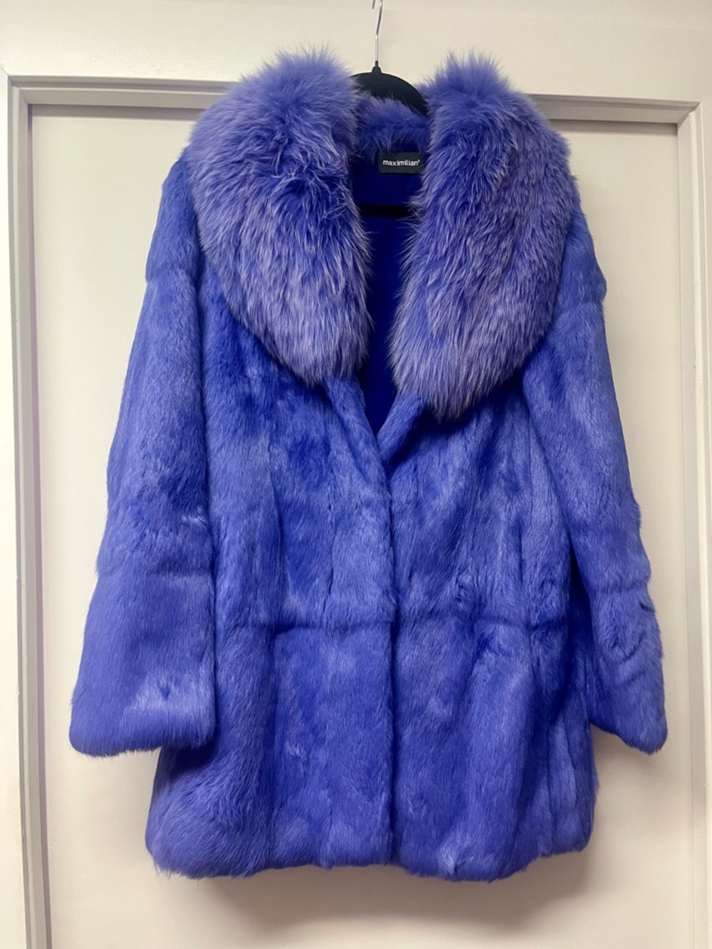 Maximilian Periwinkle/Lavender Rabbit Fur Coat with Plush Fox Fur Collar (Real) - Picture 3 of 8
